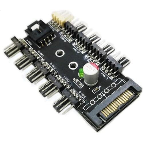 Chassis Fan Hub CPU Cooling HUB 10 Port 12V 3Pin/4 Pin Fan PWM Fan Hub Controller power from SATA Interface