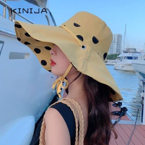 Wide large brim beach sun hats for women Wave point Double side fashion fishing fisherman cap outdoor uv protection bucket hat