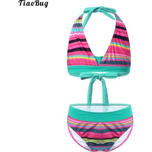 TiaoBug Summer Girls Kids Stripe Print Bikini Set Swimwear Bathing Suits Triangle Two Piece Swimsuits