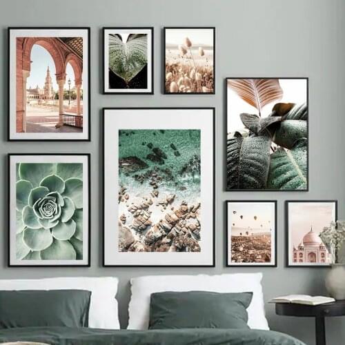 Hot air balloon Taj Mahal Grass Palm Leaf Wall Art Canvas Painting Nordic Posters And Prints Wall Pictures For Living Room Decor