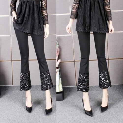 2020 New Leggings Wear Fashion Micro Speaker Capri-Pants Black Elastic High Waist Wide Leg Pants with Sequins Black Leggings