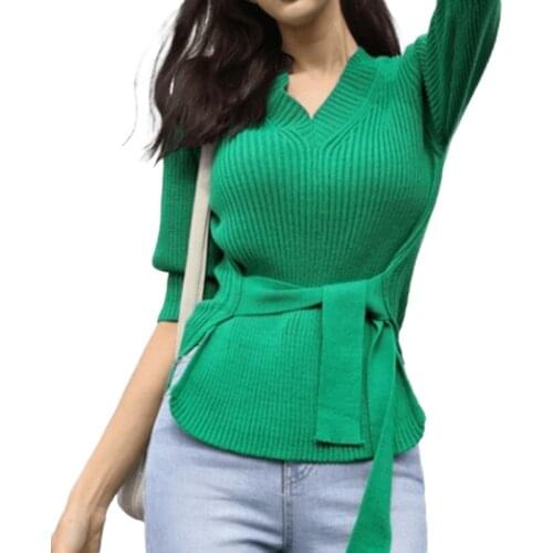 Autumn 2021 Womens Sweater Elegant Tie Waist Bubble Sleeves V-neck Collar Fork Knitwear Korean Slim Candy Color Sweater 16488