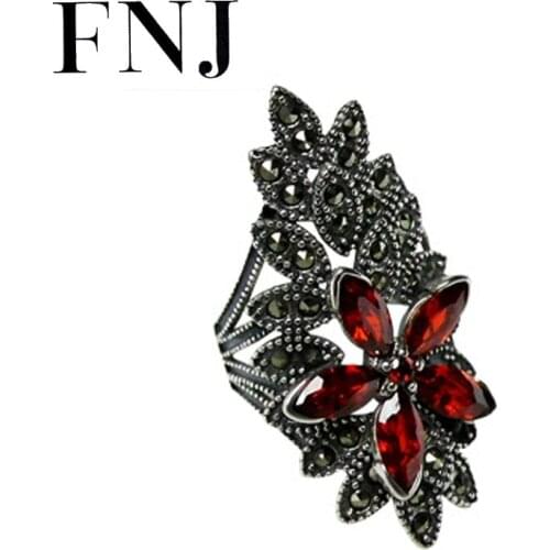 FNJ 925 Silver Ring Red Zircon Statement New MARCASITE Original S925 Sterling Silver Rings for Women Jewelry Adjustable Size