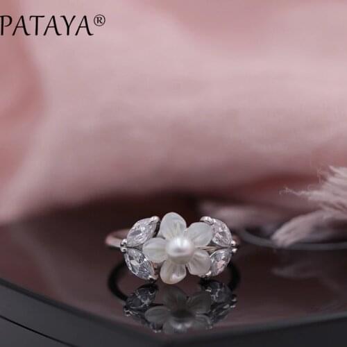 PATAYA New Limited Unique Women Wedding Party Jewelry True White Gold Flower Shape Shell Pearls Natural Zirconia Exquisite Rings