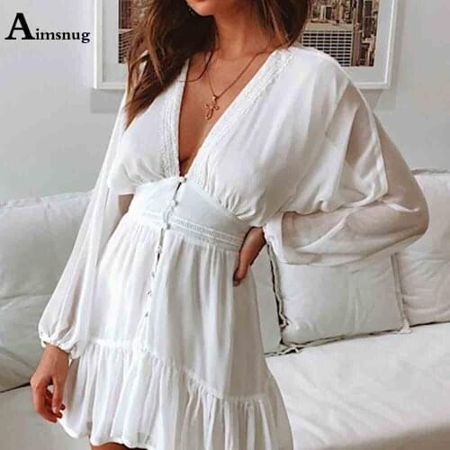 2021 Summer Ladies Elegant Short Mini Dress Lantern Sleeve Patchwork Buttons Dresses Plus size 3XL Women V-neck Dress Slim Fit