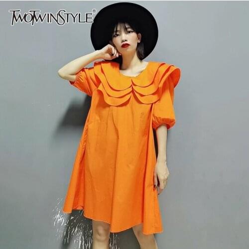 TWOTWINSTYLE Loose Patchwork Ruffle Dress For Women O Neck Puff Sleeve Casual Mini Dresses Female Fashion New Clothing Style