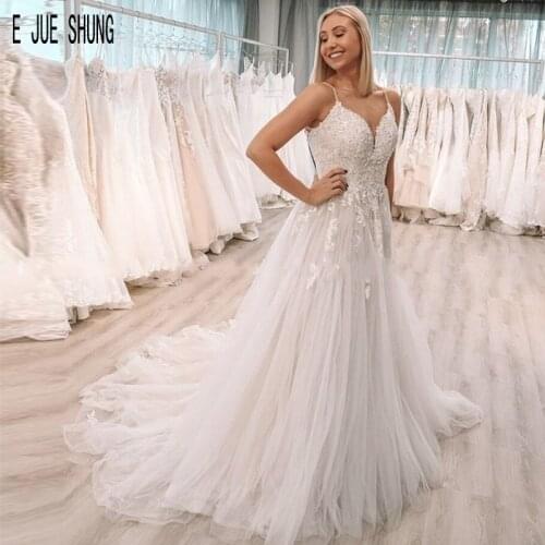 E JUE SHUNG Modern Summer Wedding Dresses Spaghetti Straps Lac Appliques Wedding Gowns A Line Boho Bridal Gowns Vestios De Novia