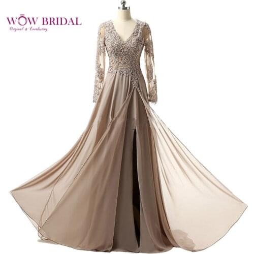 Wowbridal Graceful Long Evening Dress 2021 V-Neck Crystal Beaded Sheer Full Sleeve Chiffon High Split A-Line Women Party Dress