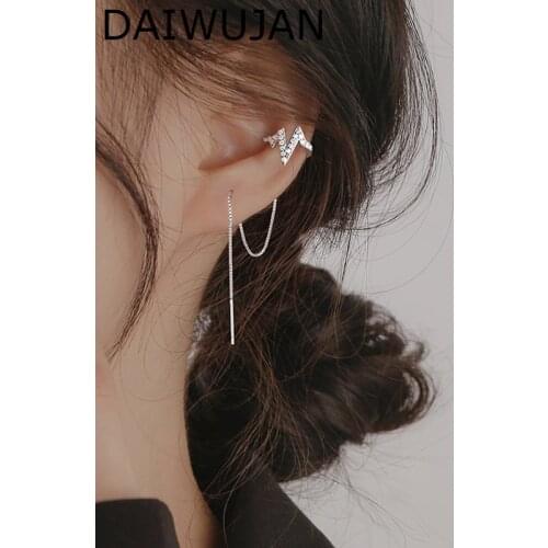 DAIWUJAN 1pc Flashing Zircon Heartbeat Ear Line Earrings Creative Wave Tassel Pendientes Clip On Earrings For Women Jewelry Gift