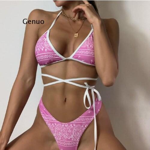Bandage Bikinis 2021 Mujer Print Swimsuit Women Triangle Swimwear Female Halter 2 Pieces Set High Cut Bathing Suit Summer