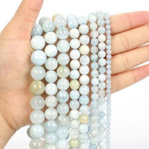 Natural Stone Beads Aquamarine Round Loose Beads for Jewelry Making Needlework DIY Bracelets Necklace Strand 4-12 MM