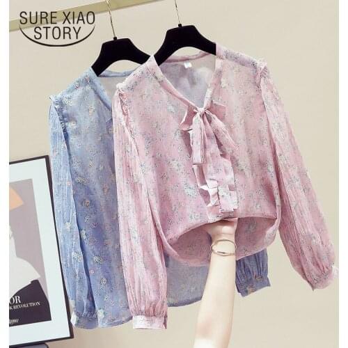 Long Sleeve Blouse 2021 New Elegant Ruffled Lace-up Chiffon Shirt Womens Korean Style Sweet V-neck Shirt Floral Blusas 11146