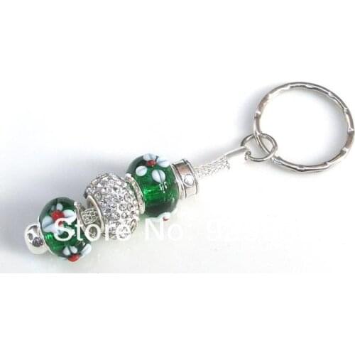 Free shipping 2pcs/lot silver key chain 925 core glass beads key ring 83mm long 20mm ring dia.-red pretty family-green life