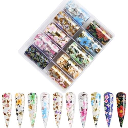 Floral Nail Foil,1Box 10Rolls Nail Foil Transfer/Summer Blossom Heart Kisse/Rose Nail Foil Sticker/10Pcs -100X4 (Flower Pattern)