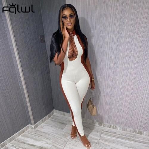 FQLWL Streetwear Ribbed Knitted Bandage Bodycon Jumpsuit Women One Piece Outfit Sleeveless Sexy Rompers Womens Jumpsuit Female