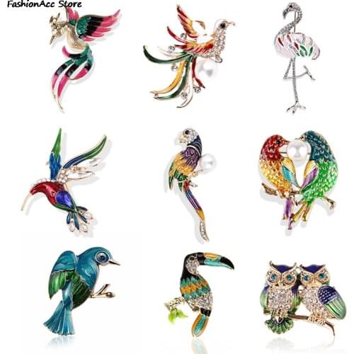Hot Sale Enamel Crystal Bird Brooch For Women Flamingo Phoenix Mandarin Duck Owl Animal Breastpin Pin Jewelry Accessories