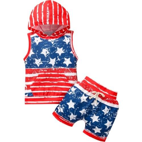 1-4Years Toddler Boys 4th of July Outfits Sleeveless American Flag Hoodie Tops + Short Pants Set