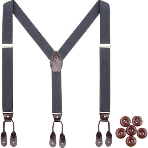 Leather Suspenders Braces for Men Wedding Party Tuxedo Button End Y Back 3.5cm Wide Adjustable Elastic Trouser Strap Belt-Gray