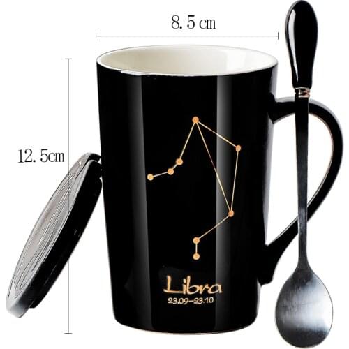 VIP 12 Constellations Creative Ceramic Mugs with Spoon Lid Black and Gold Porcelain Zodiac Milk Coffee Cup 420ML Water Drinkware