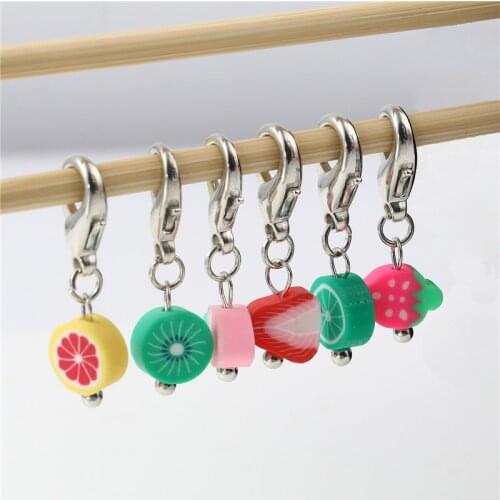 6PCs/Set Cute Clay Fruit Pendant Knitting Stitch Markers Lock Needlework Accessories Crochet Sewing DIY Supply Random Color 32mm