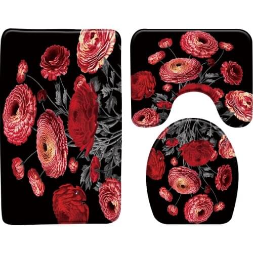 Red Plant Flowers Bath Mat Set Black Background Bathroom Rugs Bathtub Decoration Carpet Anti-Slip Toilet Mats Bathroom Products