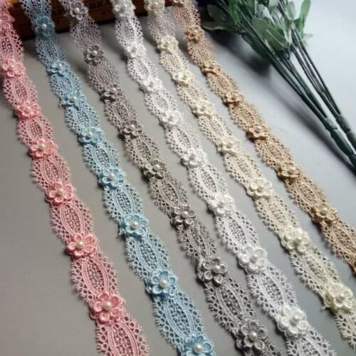 2 Yard Soluble Polyester Pearl Flower Embroidered Fabric Lace Trim Ribbon Handmade DIY Sewing Craft For Costume Hat Decoration