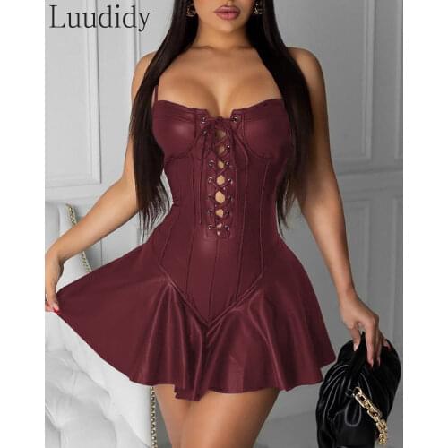 Women Sexy PU Leather Dress Female Spaghetti Strap Eyelet Lace Up Pleated Party Dress