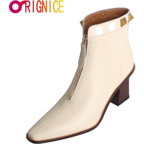 Orignice Spring Women Front Zipper Ankle Boots Metal Rivet Decoration Sexy Small Square Toe Chunky Heels Shoes Big Size 34-43