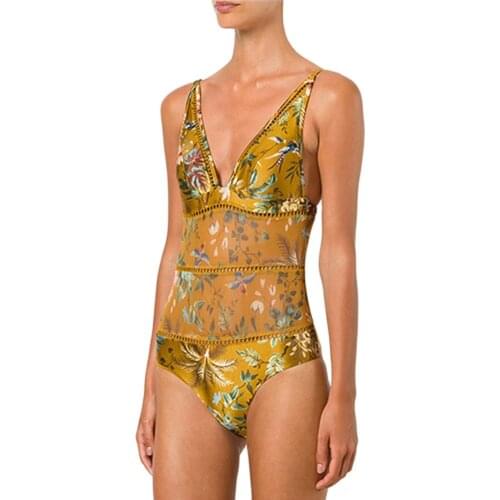 2021 OK Sexy V-Neck One Piece Floral Swimsuit Golden Swimwear for Women Backless Swim Wear Push Up Bathing Suit Beachwear
