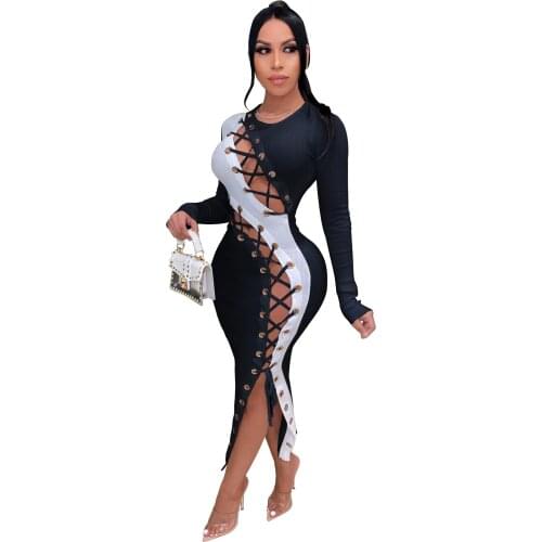 S-XXL Ladies Sexy Slanted Side Lace Lace Hollow Long Dress Club