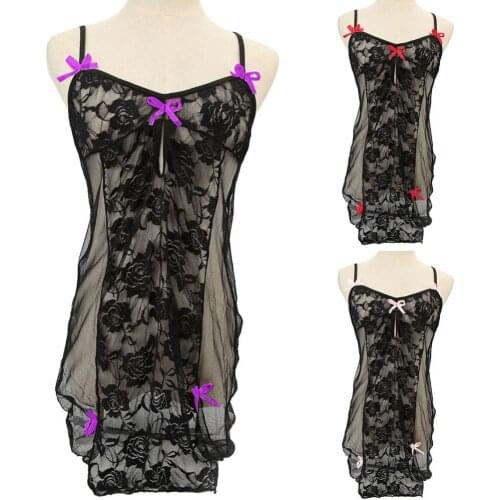 50% Wholesales Women\s Sexy Deep V Neck See Through Bowknot Decor Nightwear Sleepwear Dress