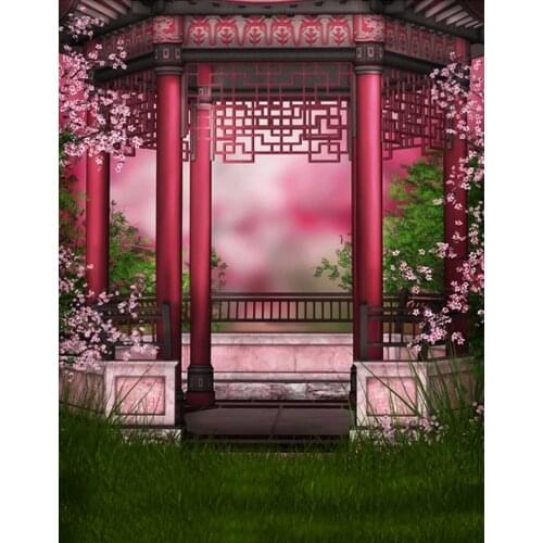 5x7ft Chinese Traditional Pavilion Pink Flowers Photography Backdrops Photo Props Studio Background