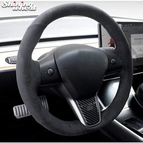 Black Alcantara Hand-stitched Steering Wheel Cover for Tesla model 3