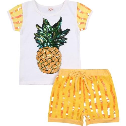 Citgeett Summer Lovely Kids Girls Clothes Sets Pineapple Sequined Printed Short Sleeve T Shirts Shorts 2pcs Clothing