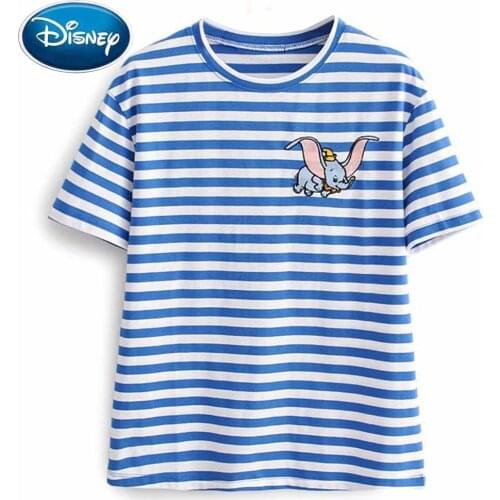 Disney Chic Fashion Dumbo Elephant Cartoon Print Embroidery O-Neck Pullover Short Sleeve Women T-Shirt Loose Striped Tee Tops