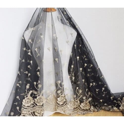 Bilateral Symmetrical Gold Thread Embroidered Lace Fabric Black White Mesh Bottom Skirt Hem Clothes 130CM Fabric Accessories