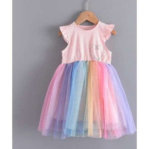 FOCUSNORM 2-7Y Princess Kids Girls Summer Dress Ruffles Sleeve Rainbow Lace Patchwork Tutu Dress