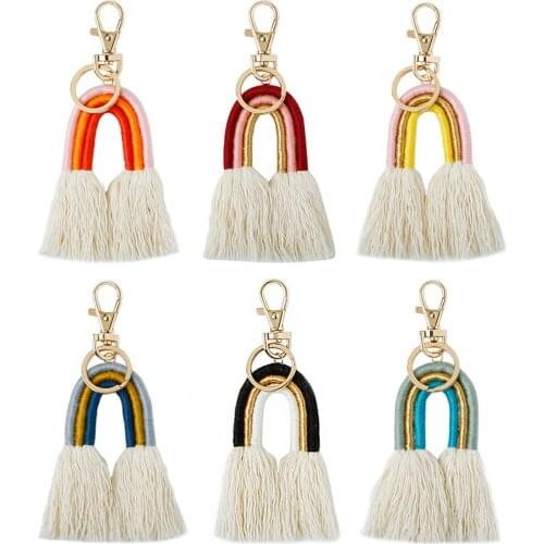 Bohemian Cotton Rainbow Tassel Keychain Ladies Bag Pendant Gold Color Keyring For Women Girls Key Jewelry Accessories 14cm,1PC
