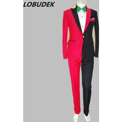 Nightclub Stage Magician Clown Performance Costume Novelty Irregular Red Black Splicing Blazers Pants DJ Singer Hip Hop Clothing