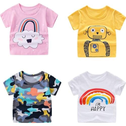 Summer 2-10T ChildrenS Clothing Rainbow Dinosaur Car Striped Print Short Sleeve Basic Tops Cartoon T Shirt For Kids Boy Girls