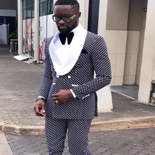 Double Breasted Dots Casual Suits for Men with White Shawl Lapel 2 Piece Slim fit Wedding Tuxedo Man Fashion Costume Jacket Pant