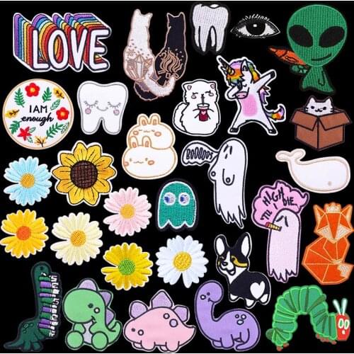 DIY Cartoon Flower Animal Patches On Clothes Fusible Embroidery Patch Kawaii Unicorn Alien Fox Applique Badge Cute Animal Parche