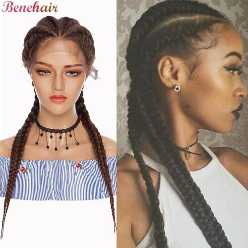 Benehair 24'' Synthetic Box Braided Lace Front Wig With Baby Hair Twist Braided T Part Lace Wigs African American Style Afro Wig