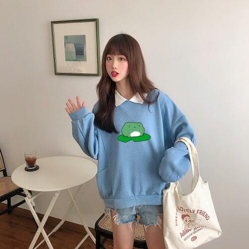 Oversized Harajuku Pullover Hoodie Kawaii Frog Sweatshirt with Pocket Cotton Women Kpop Fashion Clothes Aesthetic Sweet Hoodies