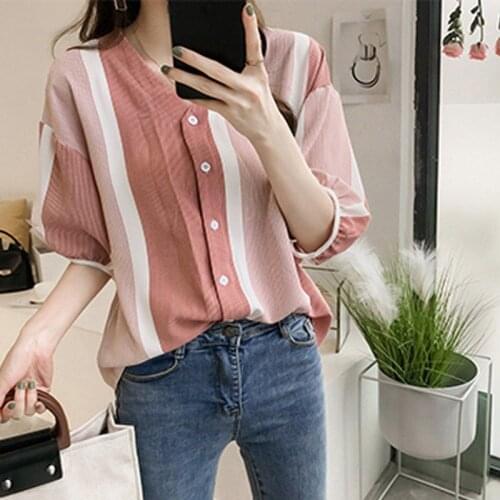 Chiffon Blouse shirts short Sleeve Striped fashion V-neck womens Sweet Striped Print Puff Sleeve Lace Bolouse