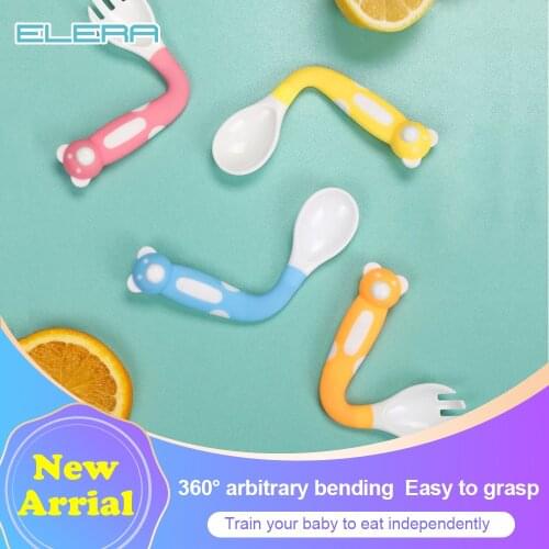 Baby Silicone Soft Food Supplement Spoon Fork Learn To Eat Training Tilted Head Tableware Can Be Bent 4 Colors Available