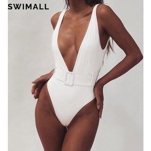 2020 Buckle High Cut One Piece Swimsuit Women Swimwear Solid Monokini Beachwear Push Up Bather Bathing Suit Swim Wear