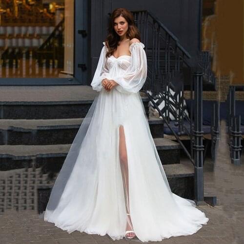 Sexy Wedding Dresses 2021 A-Line 2 in 1 Long Sleeve Corset Bridal Dress Tull Princess High Split Side Bridal Gowns Custom Made