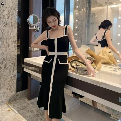 Spaghetti Strap Single Breasted Contrast Dress Summer Office Bandage High Quality Women Dress Elegant Club Sexy Party Dresses