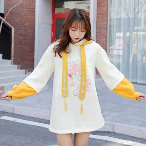 Focal20 Streetwear Koi Print Women Fleece Hoodies Tassel Patchwork Lady Hooded Sweatshirt Tracksuit Cotton Winter Lady Pullovers